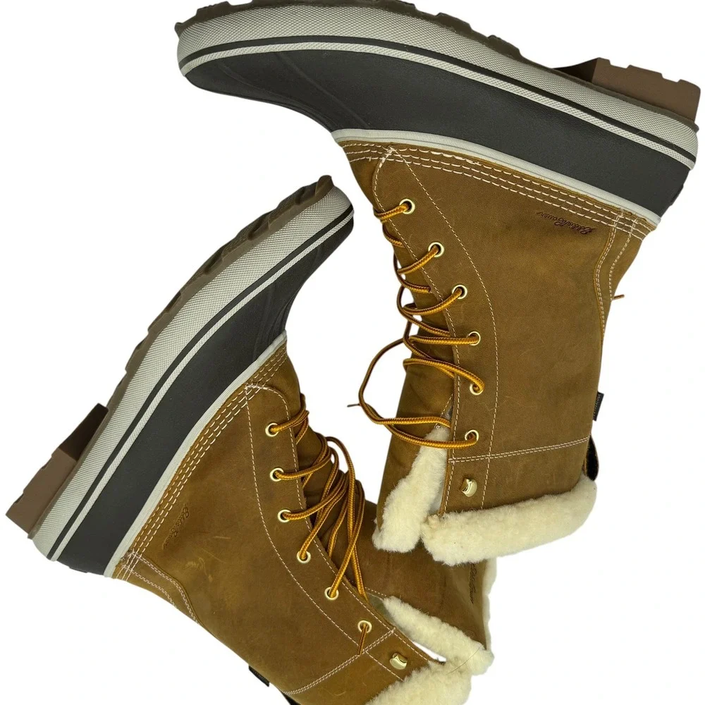 Eddie Bauer Hunt Pac Mid Duck Boots Tan Brown Leather Wool Blend Trim Mens 12